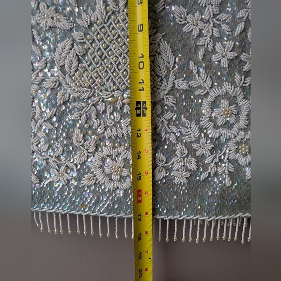 Vintage Regalia Imports Sequin Tank White Floral Beads on Blue Wool L - Picture 16 of 16
